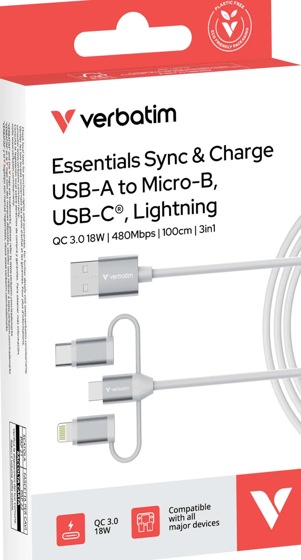 Verbatim Essentials USB-A to Micro-B, USB-C, Lightning, 1m
