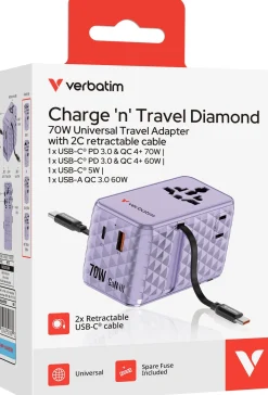 VERBATIM 70W 2C Retractable Universal Travel Adapter Purple