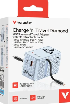 VERBATIM 70W 2C Retractable Universal Travel Adapter Blue