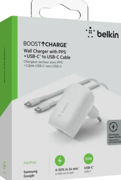 30w USB-C PD PPS Wall Charger, White w/1m PVC C-C cable